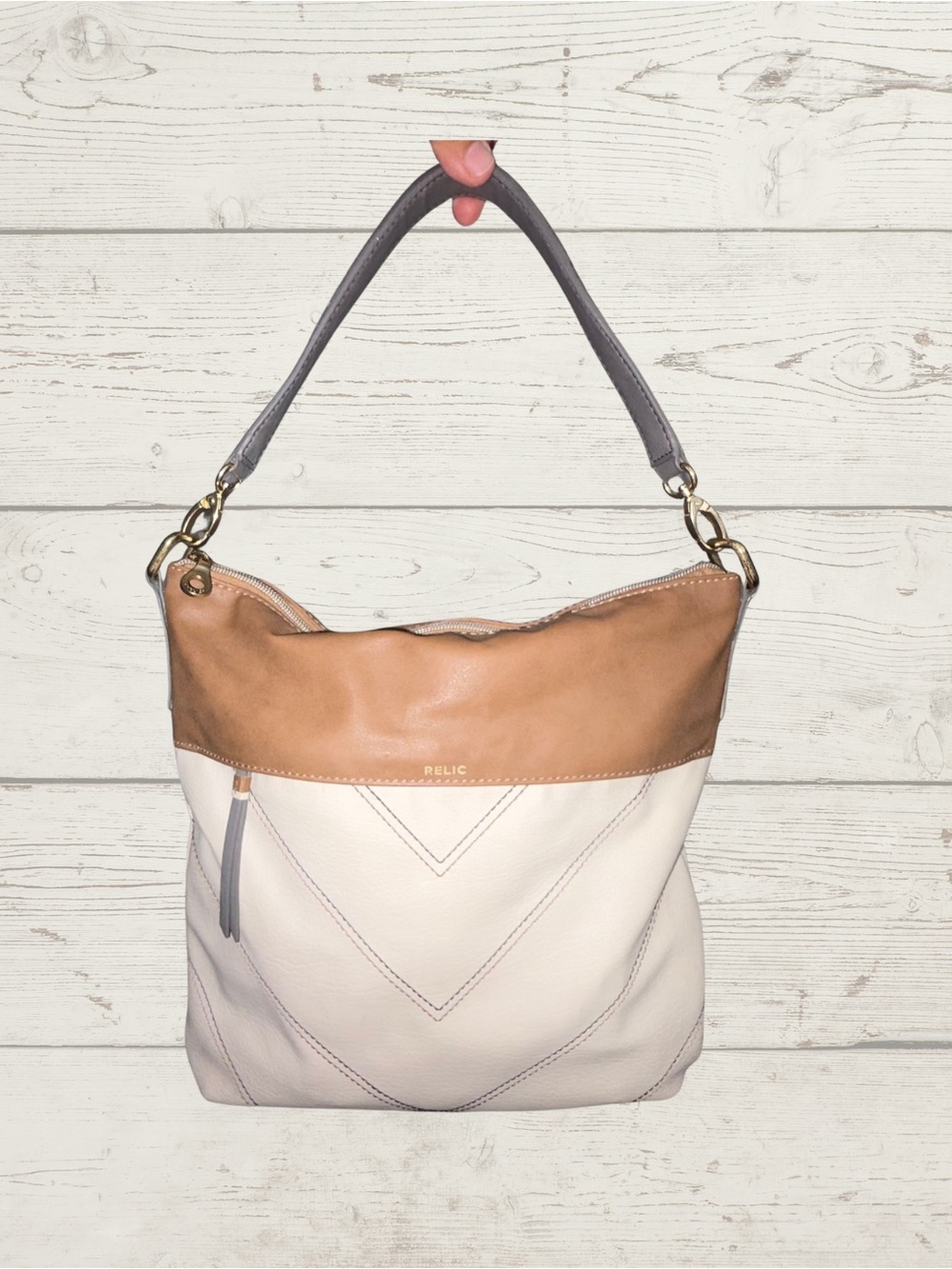 Relic Two-Tone Leather Shoulder Bag in Cream, Tan and Gray